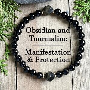 Obsidian & Tourmaline Protection Stretch Bracelet. NWT